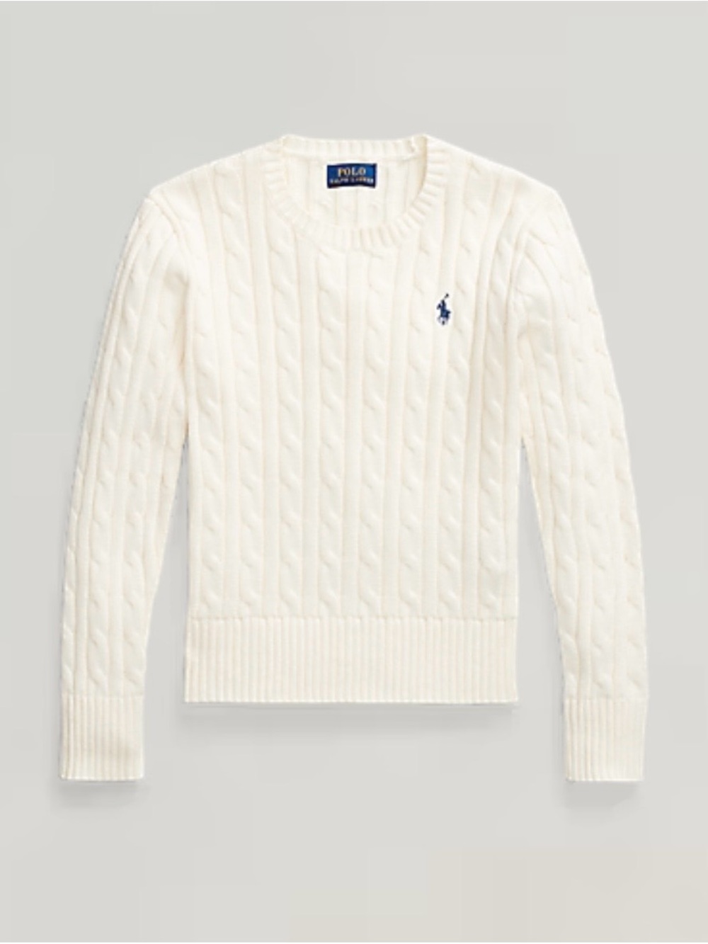 Ralph Lauren Girls' Cream Cable Crewneck Sweater with Navy Pony - Picture 2 of 8